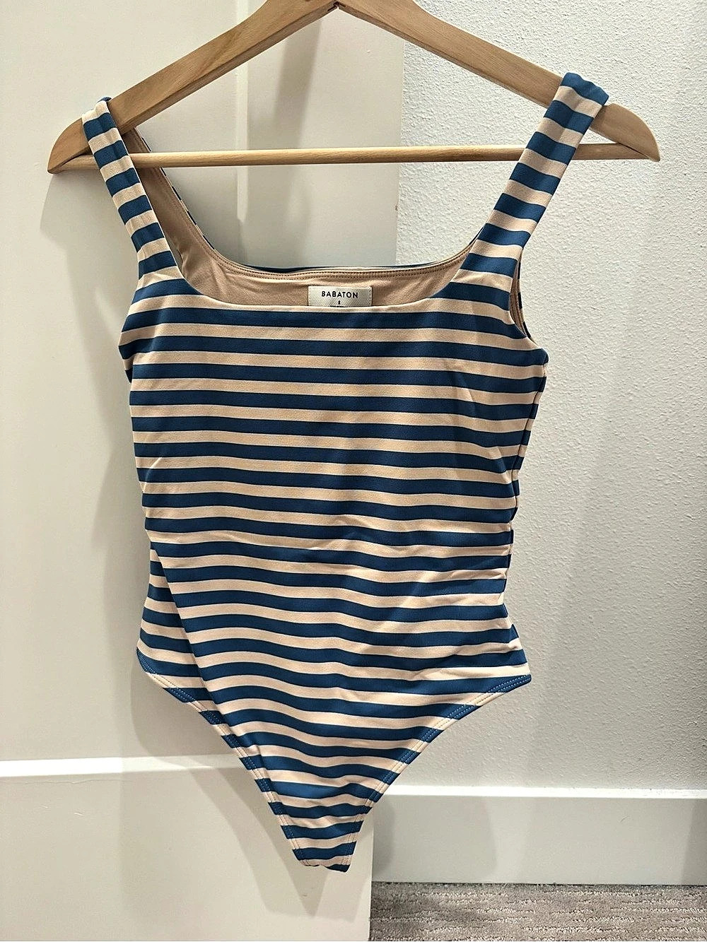Babaton Contour Squareneck Striped Bodysuit One-Piece Blue & Beige Small